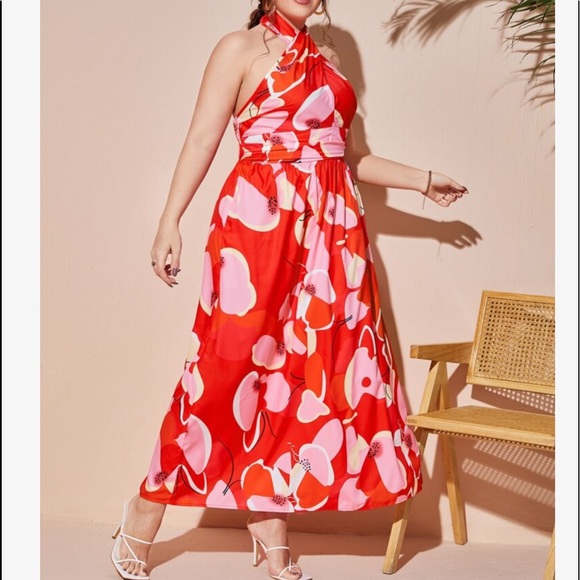 Boho Plus Size Red Floral Print Tie Back Halter Maxi Dress - Picture 8 of 14